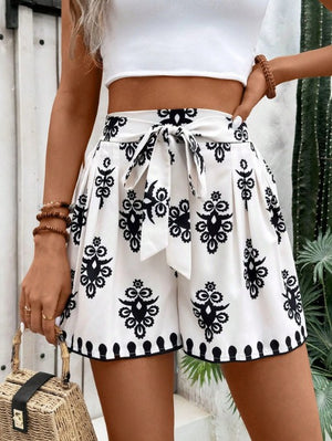 Womens Casual Versatile Printed Slim-fit Wide-leg Shorts
