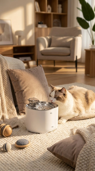 Fontaine à eau pour chat 2.2L (74 Oz) - Fontaine pour animaux de compagnie ultra-silencieuse avec bec en forme de chat ; Convient aux chats d'intérieur, alimentée par USB. (Disponible en kit de filtre unique ou en kit de filtre multiple.), Sans batterie